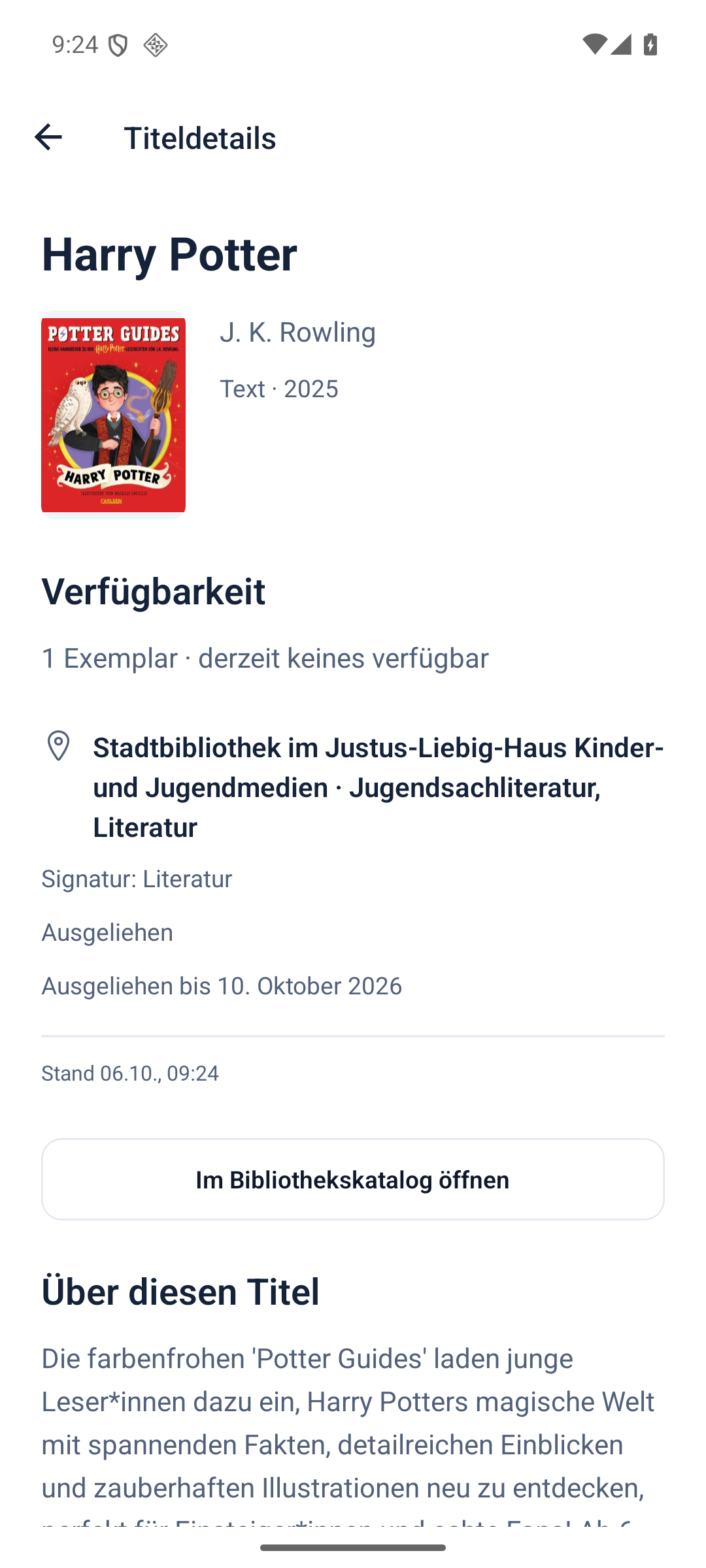 Leihra: Titeldetails mit Standort, Signatur und Ausleihstatus eines Exemplars in Darmstadt.