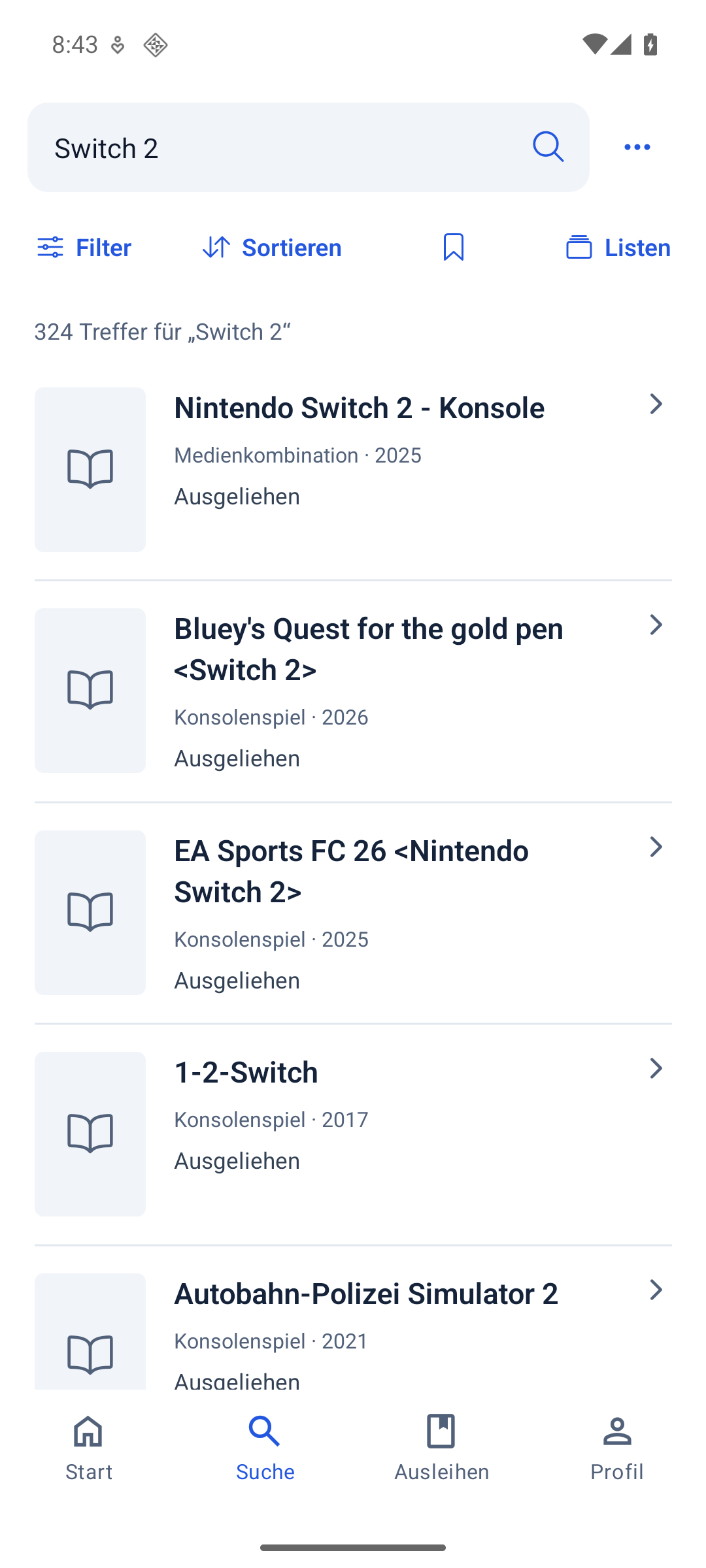 Leihra: Suche nach Switch-2-Spielen mit Filtern, Sortierung und gespeicherten Listen.